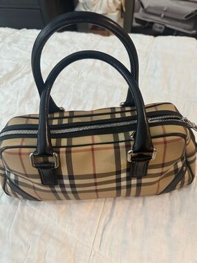 Burberry Tan Plaid Satchel with Black Trim